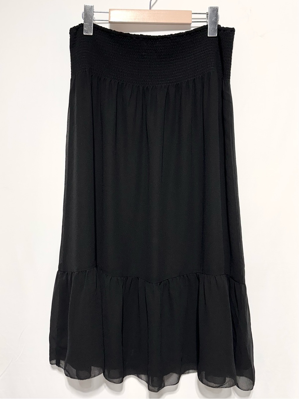 Wilfred Black Chiffon Maxi Skirt Smocked Waist Tiered Ruffle Romantic Size L